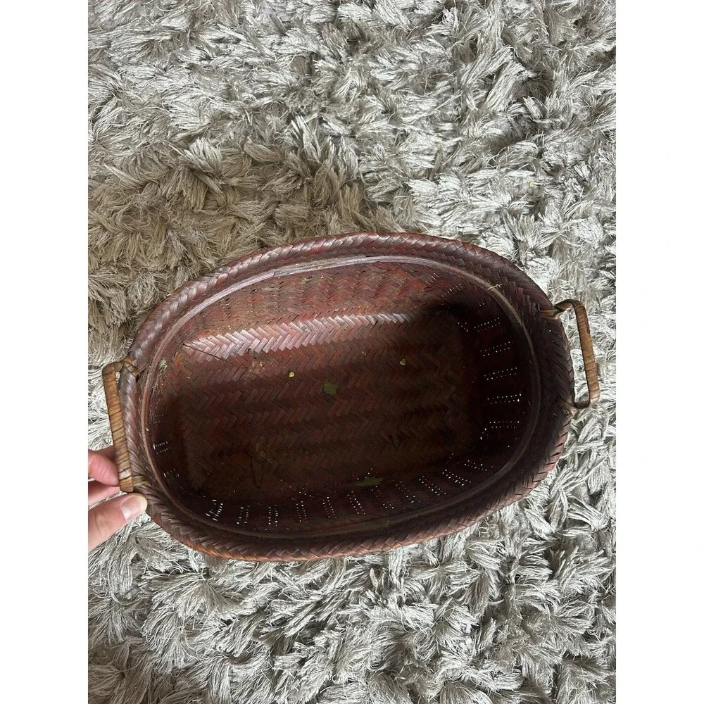 Vintage Dark Brown Wood Handled Woven Oval Storage Basket
